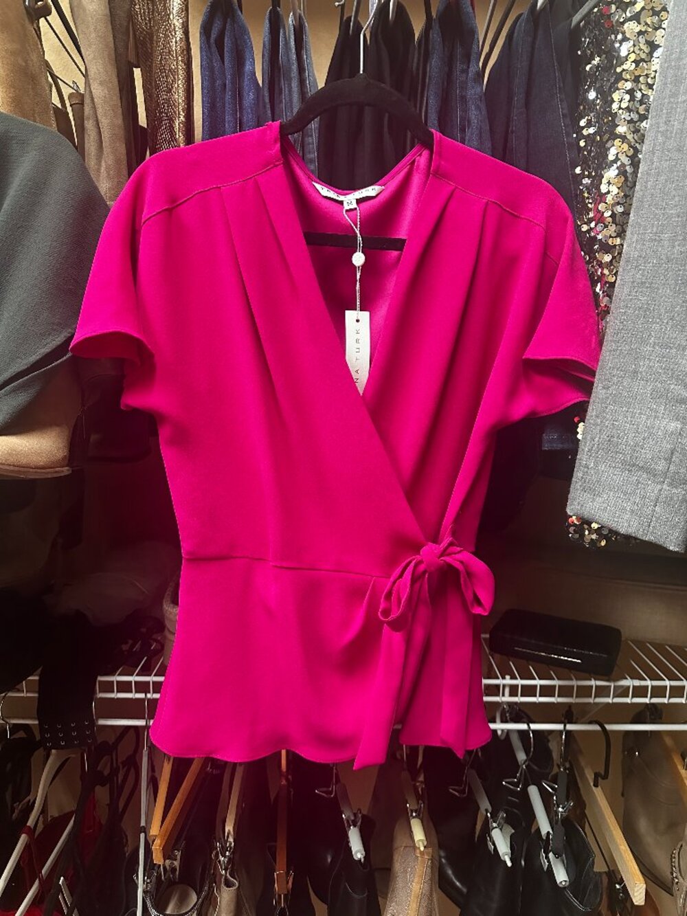 Trina Turk Hot Pink Wrap Blouse Tie Waist Short Sleeve Top Medium M NWT